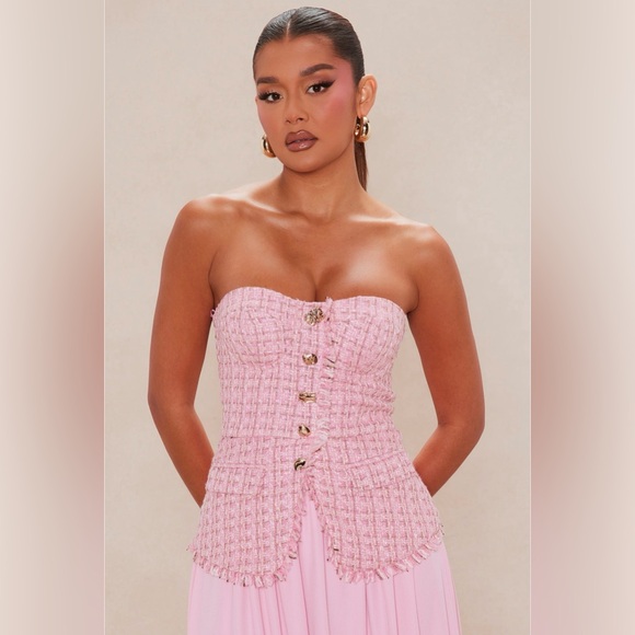 New Arabella Tweed Pink Maxi Strapless Dress Size Small - Picture 2 of 4